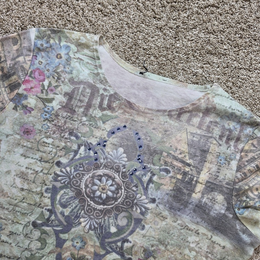Womens Floral T-Shirt M Green Scoop Neck Rhinestone Biker‎ Lightweight Casual